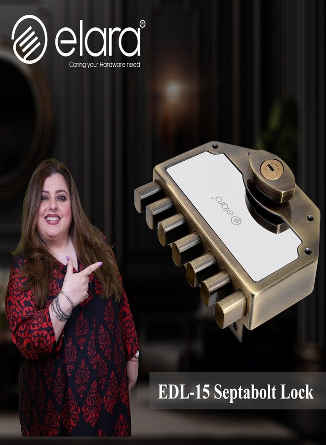 إلارا قفل باب Elara Deadbolt Septabolt 2CK، قفل حافة، مزلاج للمنزل، أقفال أبواب للباب الرئيسي مع 4 مفاتيح نحاسية قابلة للعكس (عتيق، EDL-15، Septabolt، مفتاح فائق) - Image 2